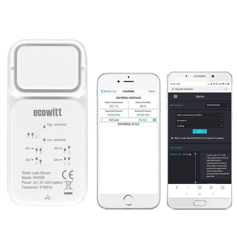 Ecowitt WH55 Wireless Water Leak Detection Sensor with Loud Audio Alarm - Image 1